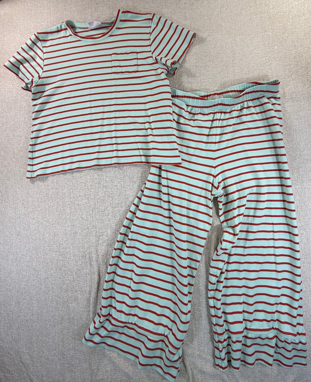 LAKE Women Medium Blue Red Striped Knit Short Sleeve Pajama Set Sleepwear Lounge